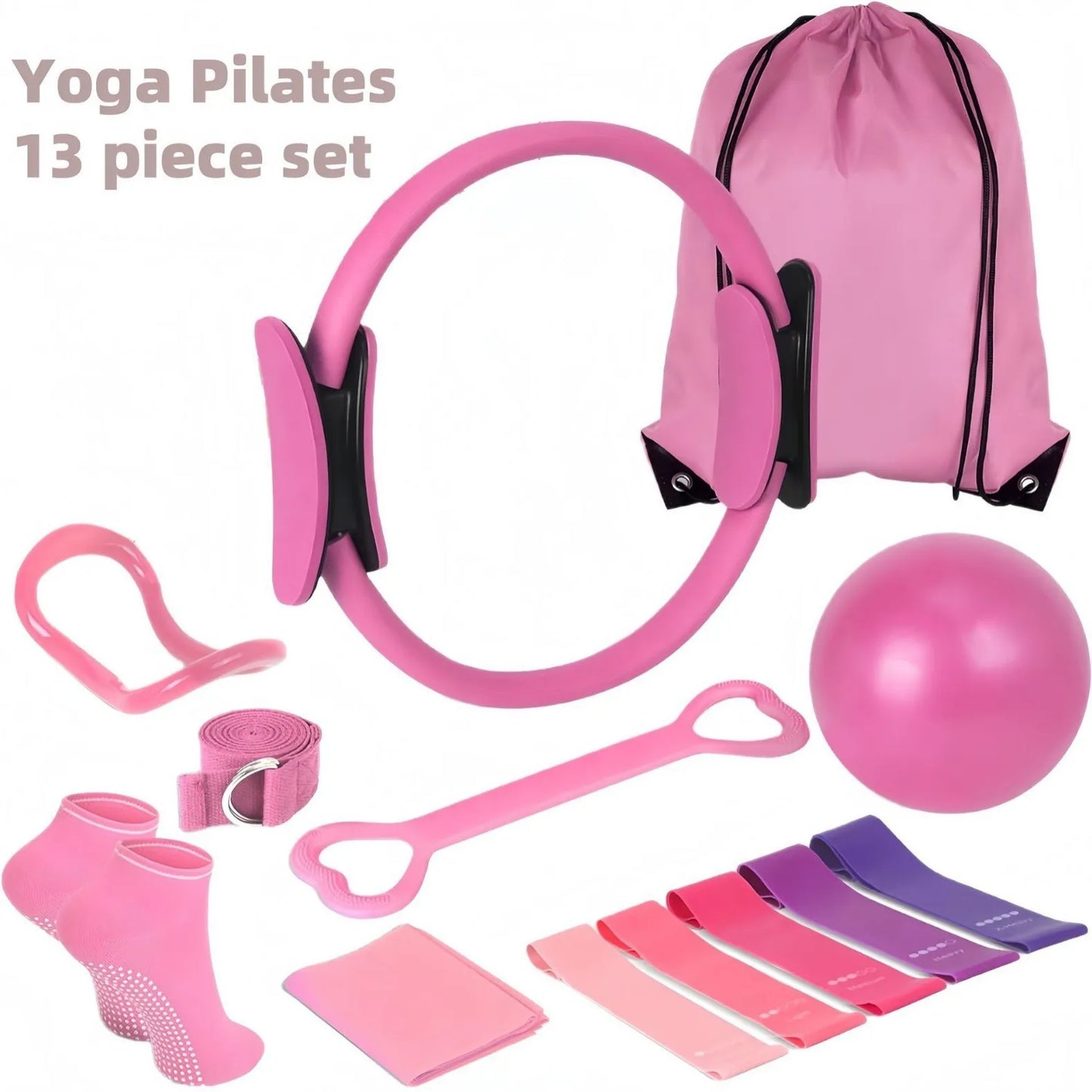 Ensemble de 13 pièces comprenant un ballon, des bandes élastiques et des anneaux de Pilates pour l'entraînement à domicile. 