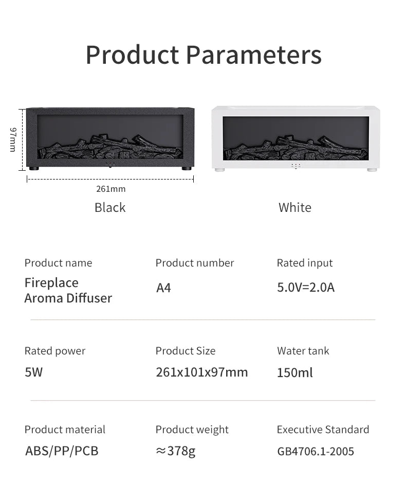 Fireplace Aroma Diffuser with Colored Flames, 150ml for Aromatherapy