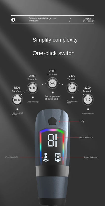 Multifunctional electric massage gun with long cord, for muscle relaxation and deep tissue relief.