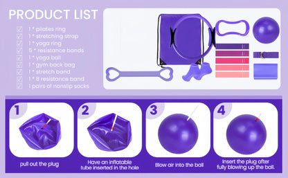Ensemble de 13 pièces comprenant un ballon, des bandes élastiques et des anneaux de Pilates pour l'entraînement à domicile. 