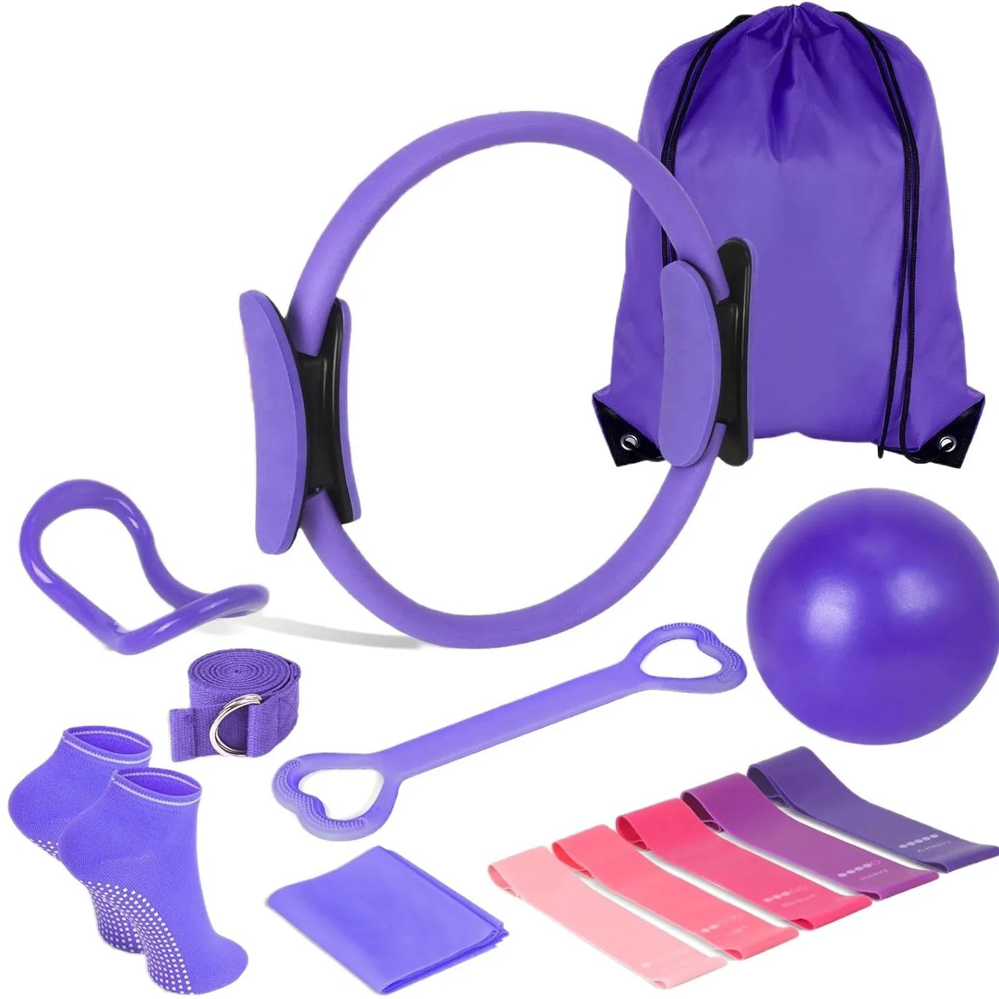 Ensemble de 13 pièces comprenant un ballon, des bandes élastiques et des anneaux de Pilates pour l'entraînement à domicile. 