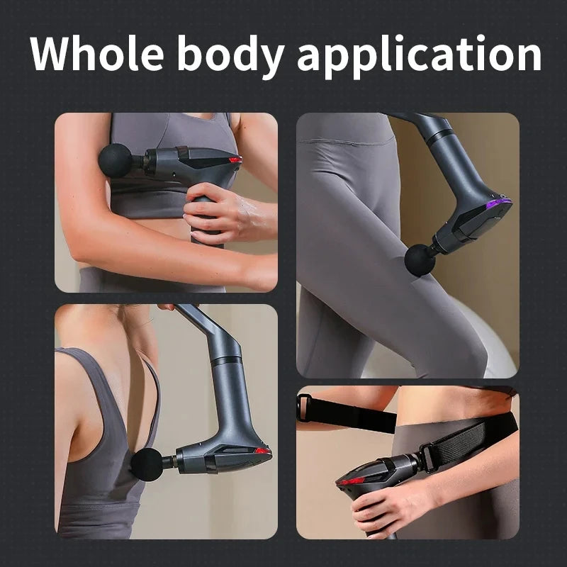 Multifunctional electric massage gun with long cord, for muscle relaxation and deep tissue relief.