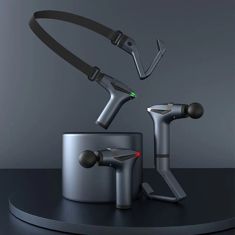 Multifunctional electric massage gun with long cord, for muscle relaxation and deep tissue relief.